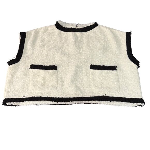 Tweed Contrast Trim Sleeveless Crop Top With Pockets Womens Small White & Black - Picture 1 of 6